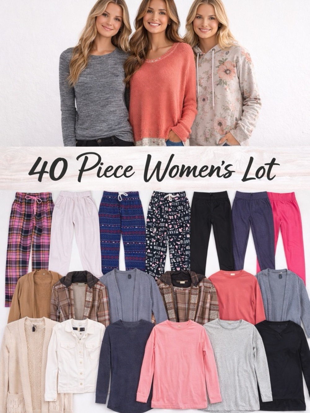 Women’s lot 40 pant, t-shirts, tank, sweaters, leggings, jackets, mixed lot. S/M
